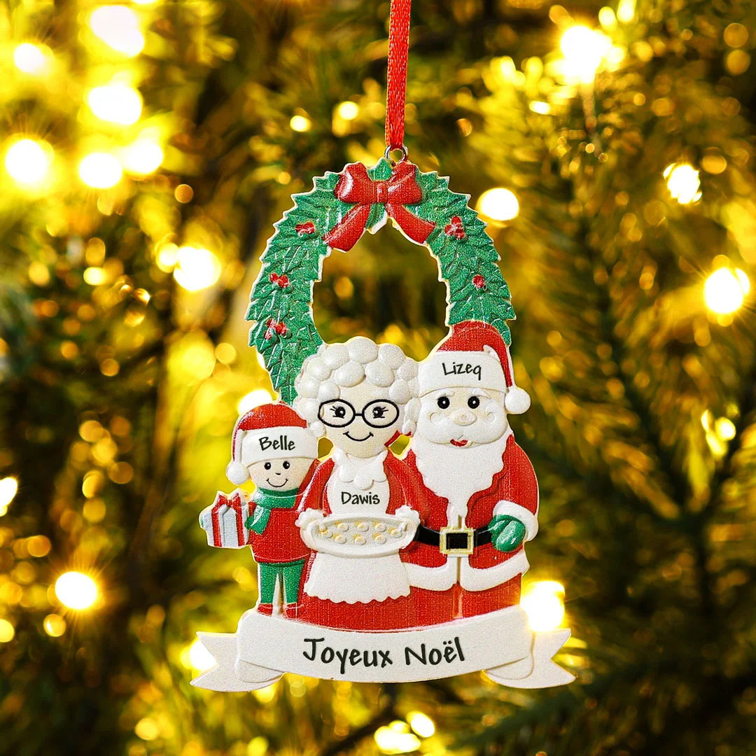 Santa Family Ornament Custom 3 Names Grandparents with Grandkids Ornament