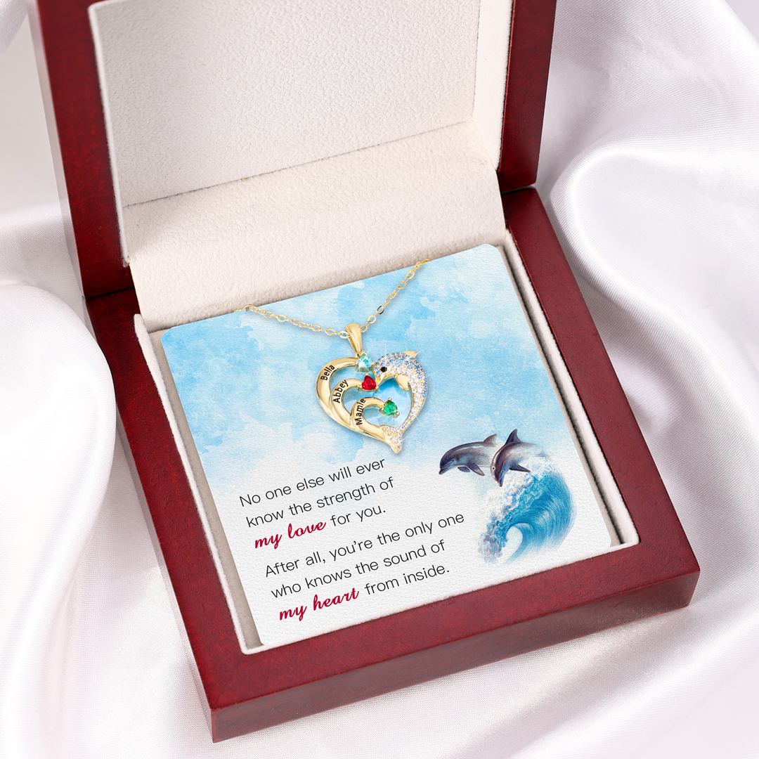 Personalized Heart Dolphin Necklace Custom 2 Birthstones Necklace for Her