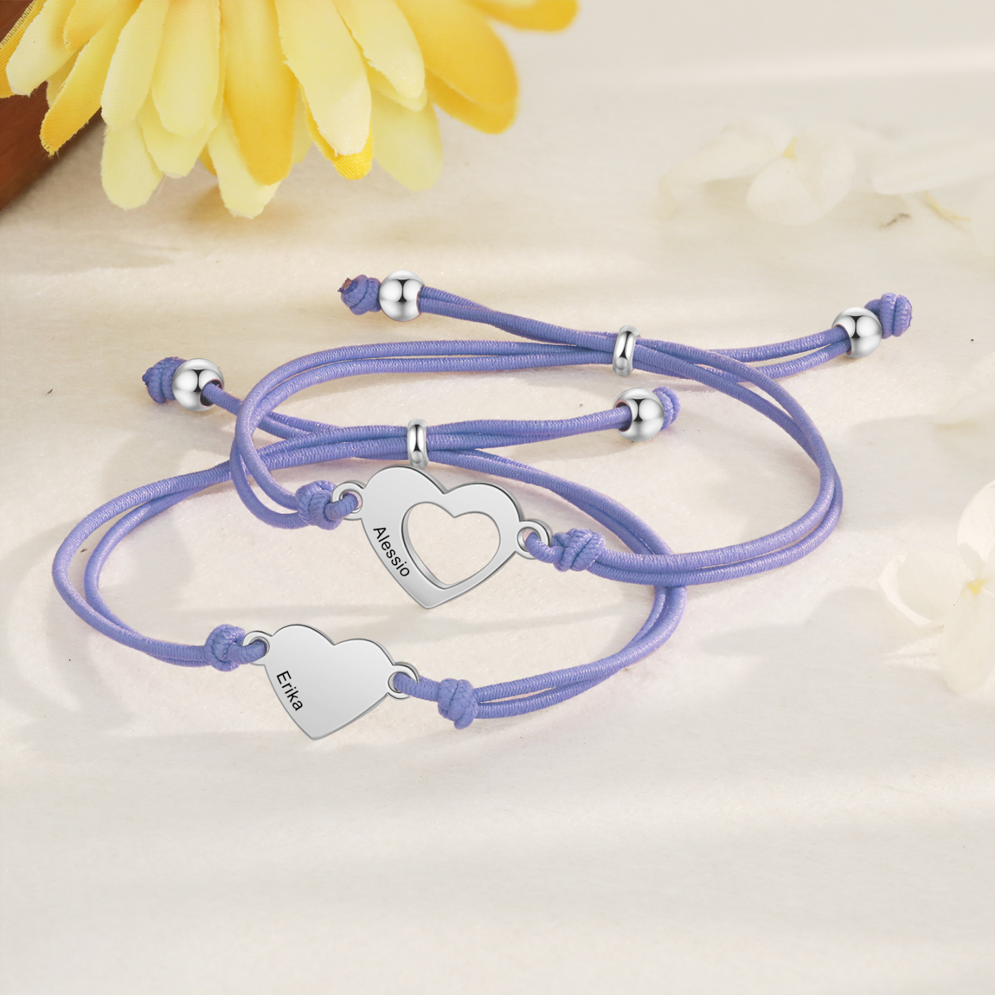 2 Pcs Heart Bracelet Set Custom 2 Names Adjustable Bracelets Back to School Gifts for Daughter Granddaughter