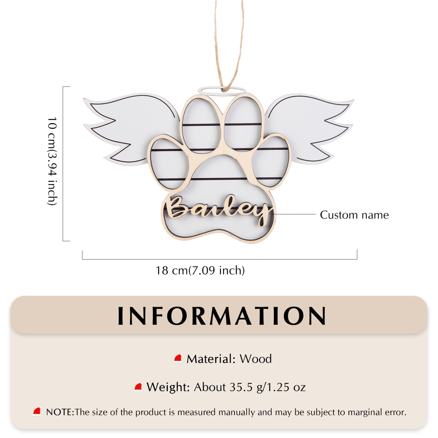 Personalized Dog Paw Christmas Ornament Angel Wings Hanging Ornament