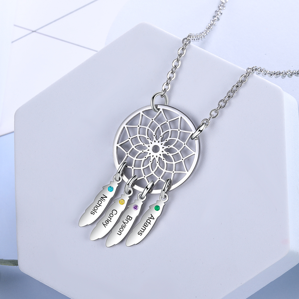 Personalized Dream Catcher Necklace with 4 Birthstones for Women