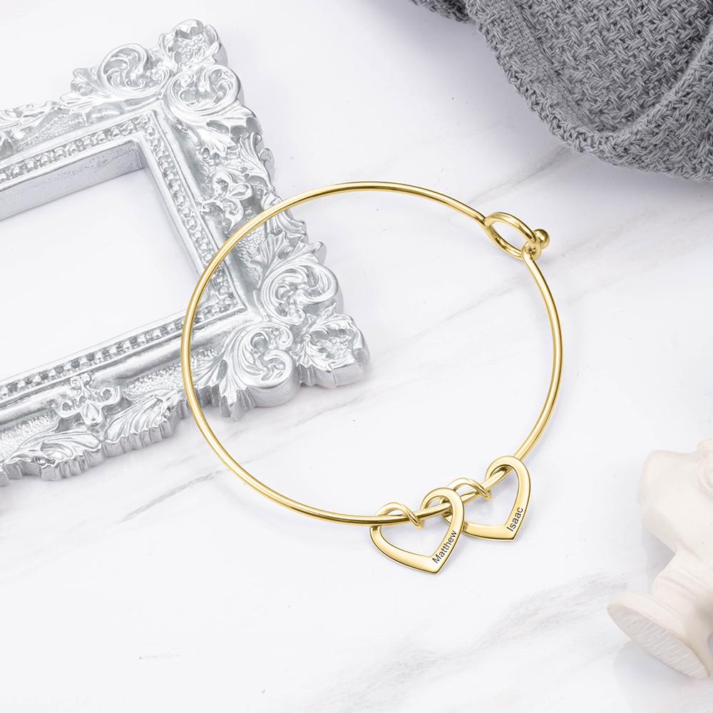 Love Bangle Bracelet with 4 Heart Shape Charms Engraved 4 Names Gift For Mom