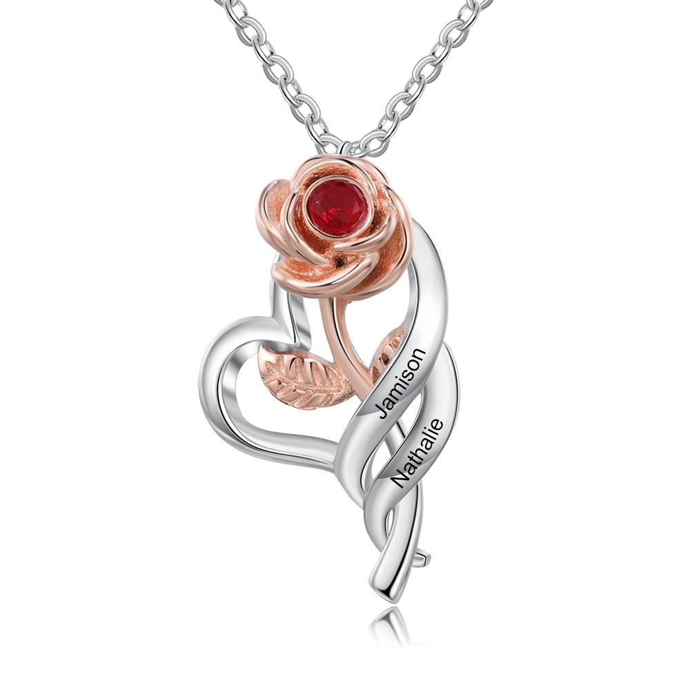 Rose Heart with Birthstone Engraved 2 Names Personalized Necklace