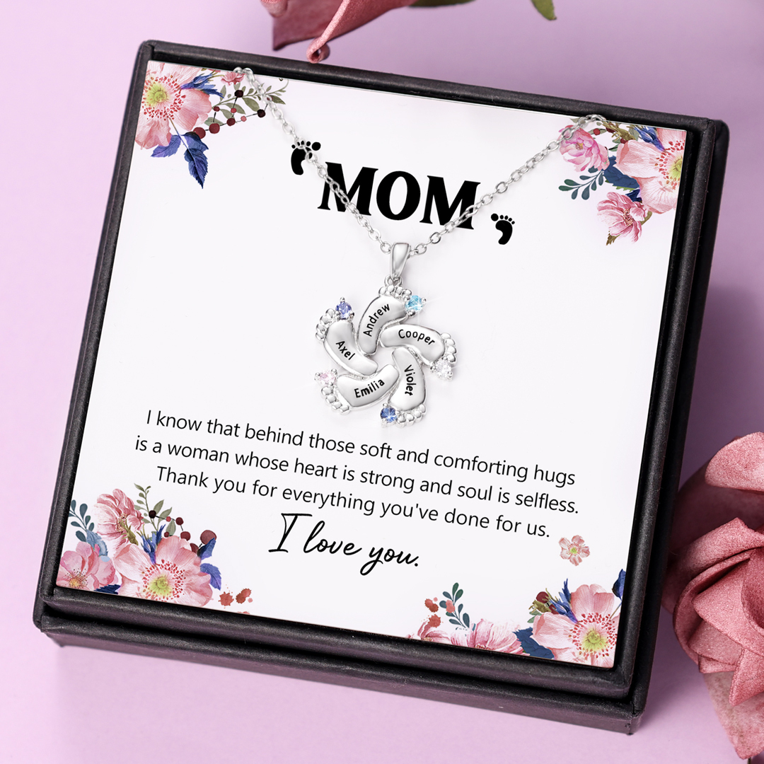 Baby Feet Necklace Custom 5 Birthstone Family Gifts for Mother