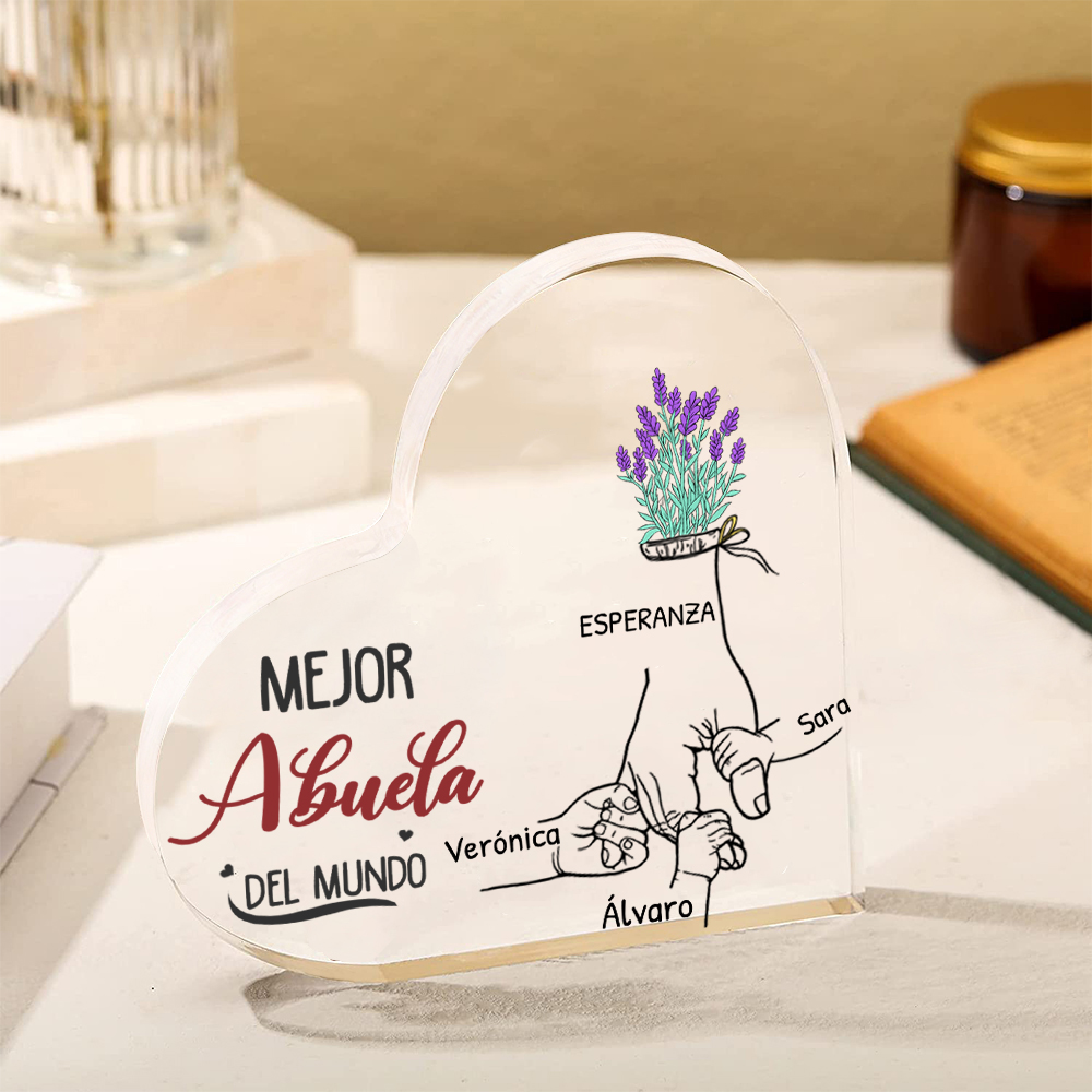Abuela - Placa de acrílico en forma de corazón manos cogidas 2-7 nombres personalizados