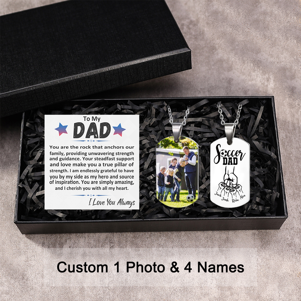Engraved ‘Soccer Dad’ Necklace – Custom Dog Tag with 1 Photo & 4 Names – Personalized Father’s Day Present for Him | Lorajewel