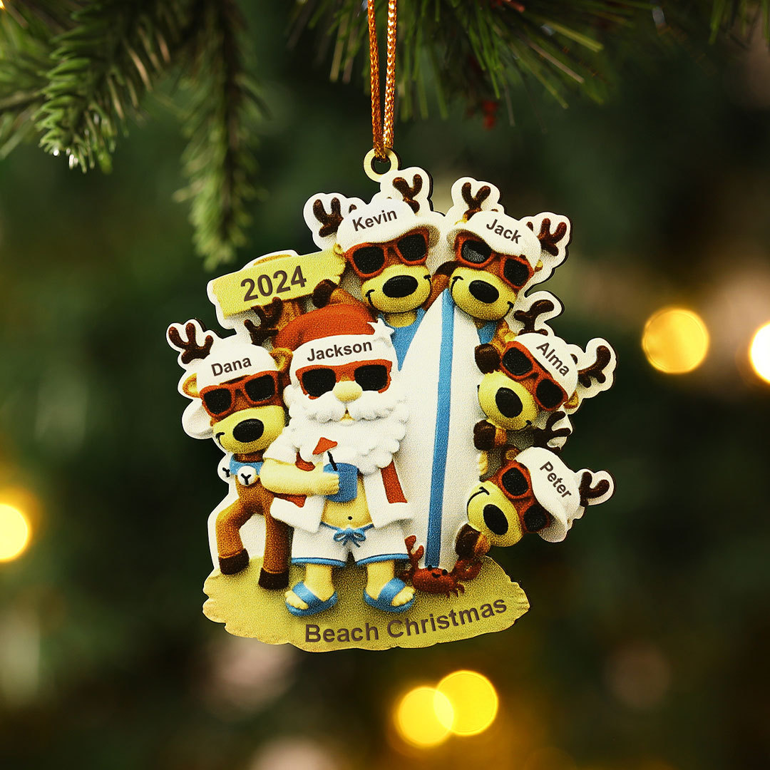 Custom Beach Christmas Ornament with Santa & 5 Reindeer – Personalized 6 Names Year & Text for Family Gifts