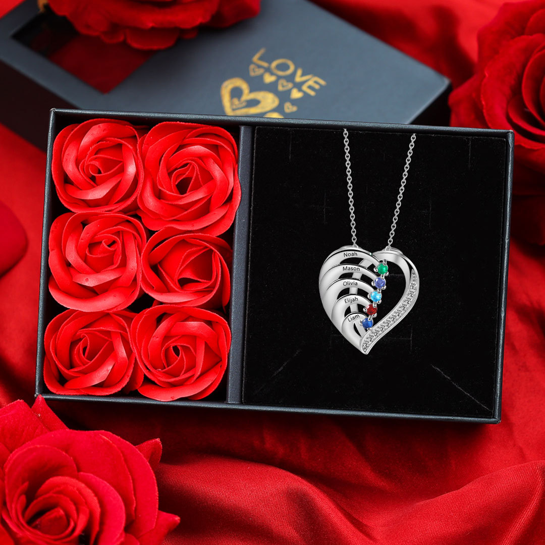Personalized Heart 2-5 Birthstones & Names Necklace A Thoughtful Gift for Valentine