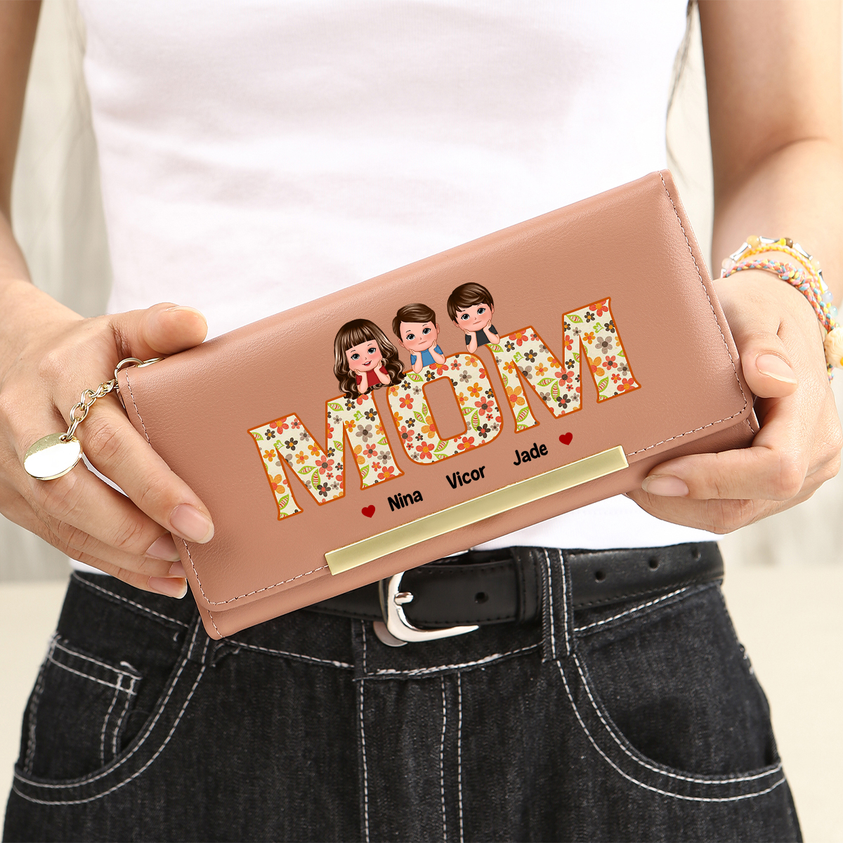 Personalized Special Women Leather Wallet Purse With Custom Kids Names – Mother's Day Presents For Mom | Lorajewel