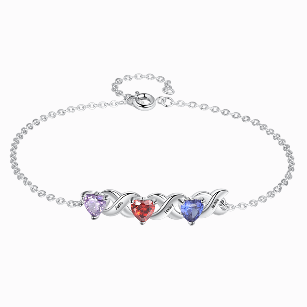 Mother's Day Gift Family Custom Bracelet Heart Personalized with 3 Birthstones