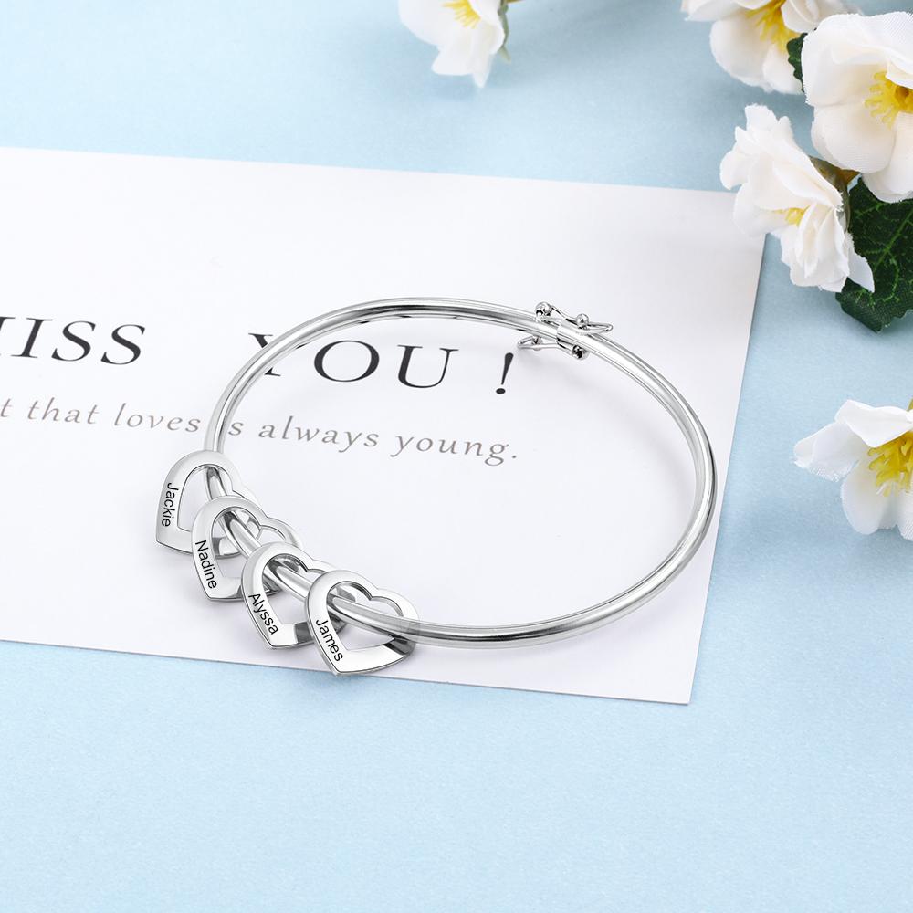 Personalized 4 Names Bracelet Heart Charms Bracelet Love Bangle Gifts for Her