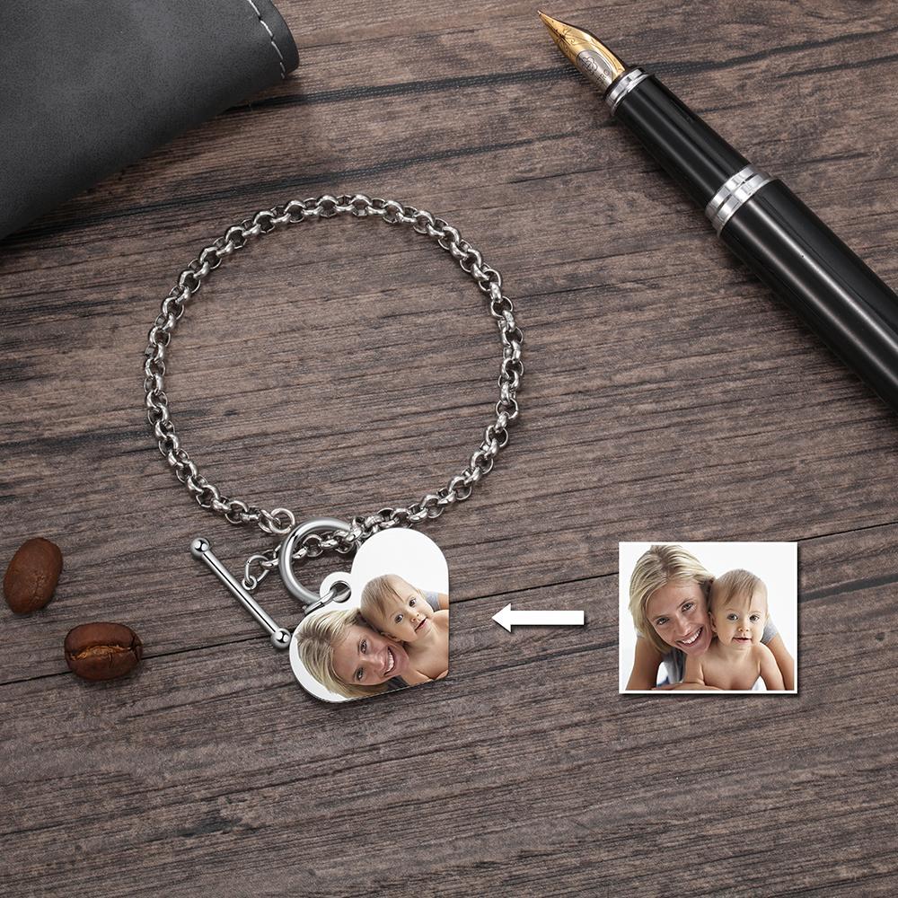 Custom Bracelets with Heart Photo Pendant Personalized with Engraving