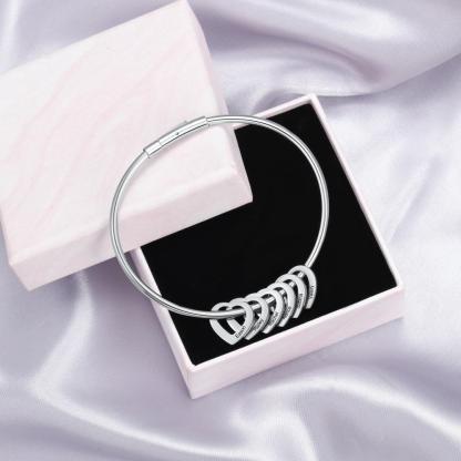 Bangle Bracelet Personalized with 6 Heart Shape Pendant Engraved 6 Names
