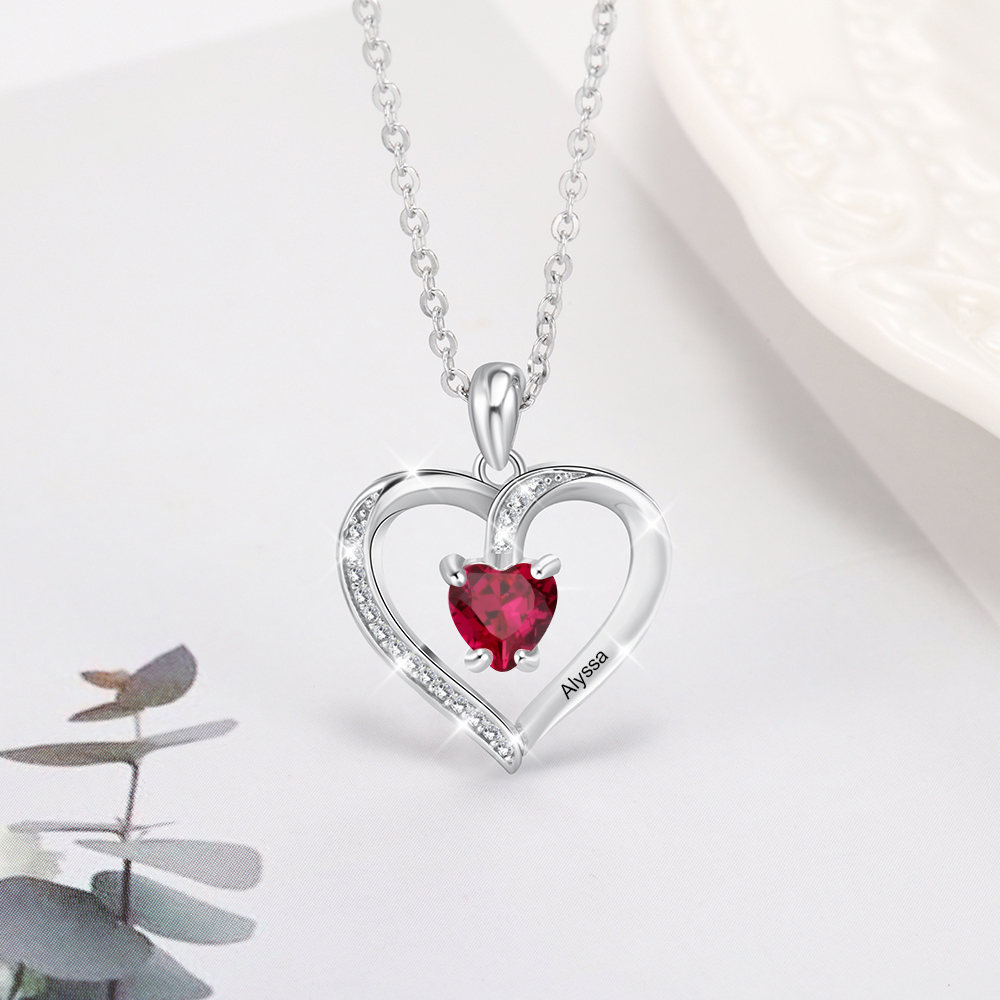 Custom Heart Ruby Necklace with Name & Birthstone 