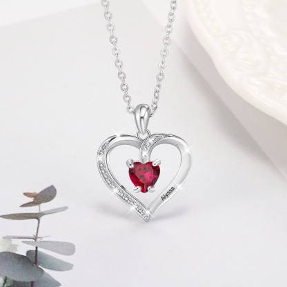 Custom Heart Ruby Necklace with Name & Birthstone 