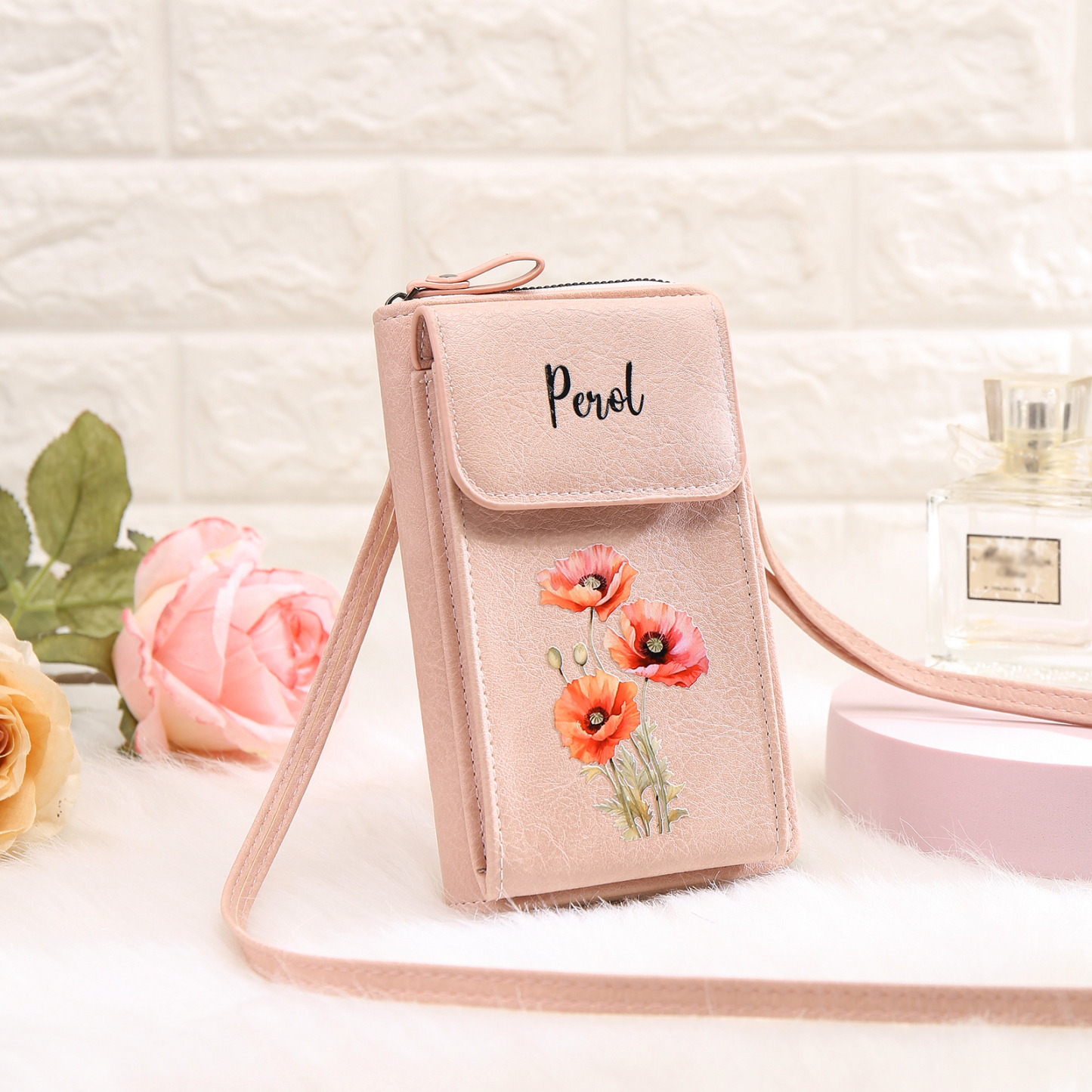 Personalized Women's Leather Wallet Custom Birthday Flower & Name Mobile Phone Wallet Zipper Crossbody Bag
