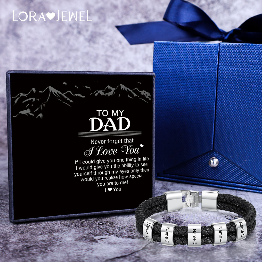 Men Leather Braided Bracelet with Beads Engraved 5 Names Father Gifts