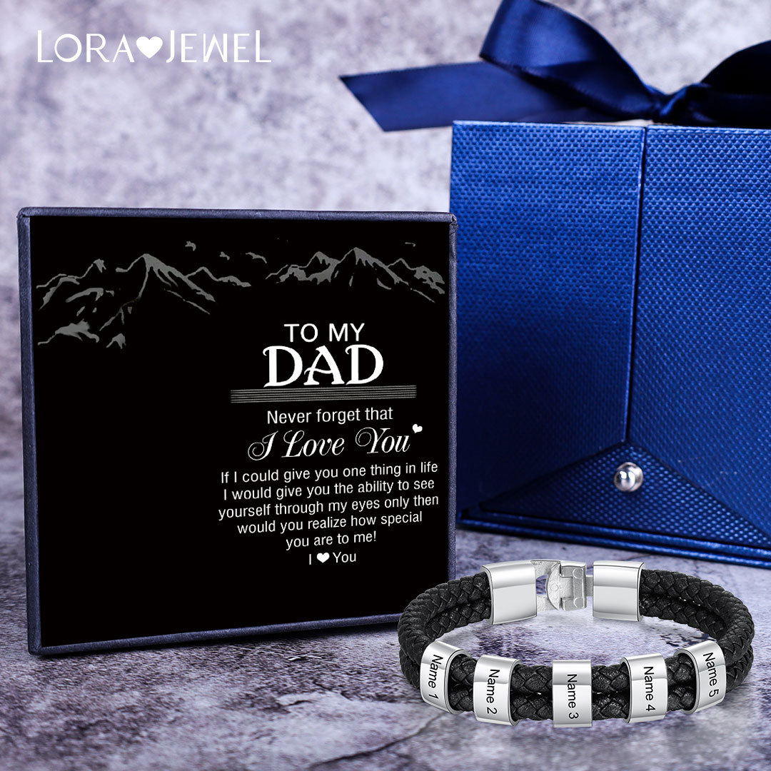 Men Leather Braided Bracelet with Beads Engraved 5 Names Father Gifts