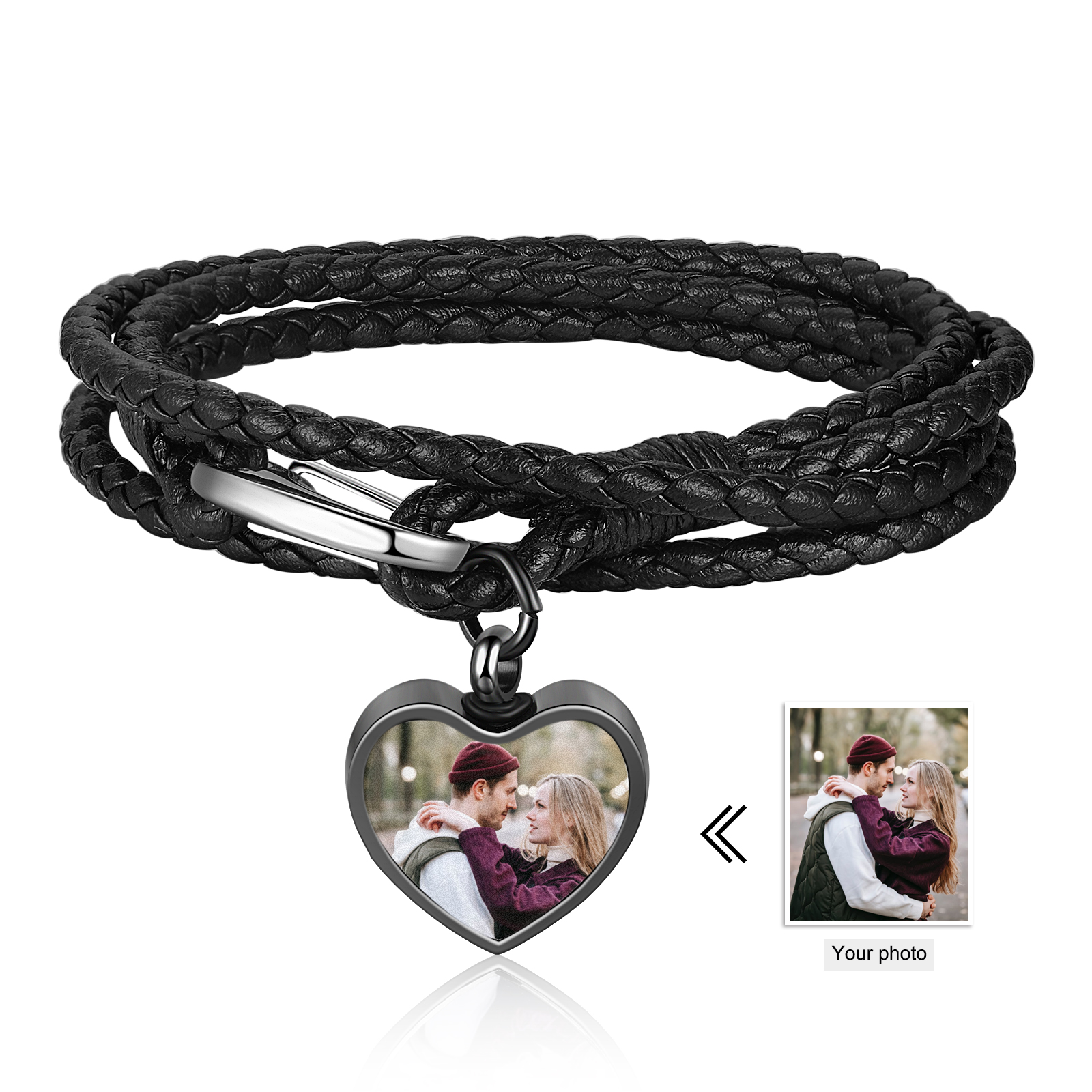 Heart Photo Bracelet with Braided Leather Chain Multi-layer Bracelet