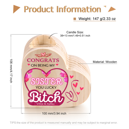 Personalized Heart Candle Holder Custom Text Wooden Candlestick "Congrats On Being My Sister" Funny Gift for Friend
