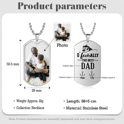 O'Fishally The Best Dad Necklace Custom Photo Dog Tag Necklace with 2 Fishing Hooks