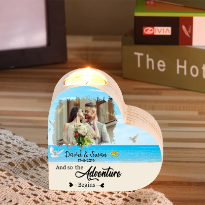 Personalized Love Couple Heart Candle Holder Engrave Photo Wooden Candlesticks Valentines Gift