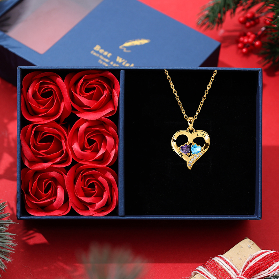 Sterling Silver Heart Necklace Love Necklace Personalized with 2 Birthstones 2 Names Valentine's Day Gift 