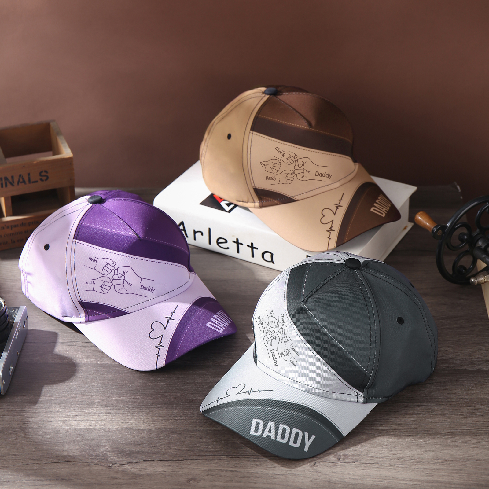 Personalized Fist Bump Classical Baseball Cap Custom 6 Names & 1 Text Snapback Adjustable Gift for Dad/Grandpa/Husband