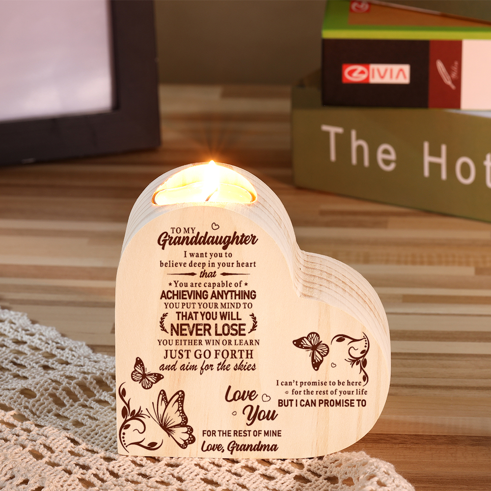 To My Granddaughter Customized Wooden Heart Candle Holder "believe deep in your heart"