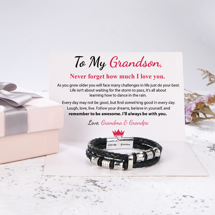 To My Grandson Braided Leather Bracelet "I Will Always Be With You Love Grandma & Grandpa"