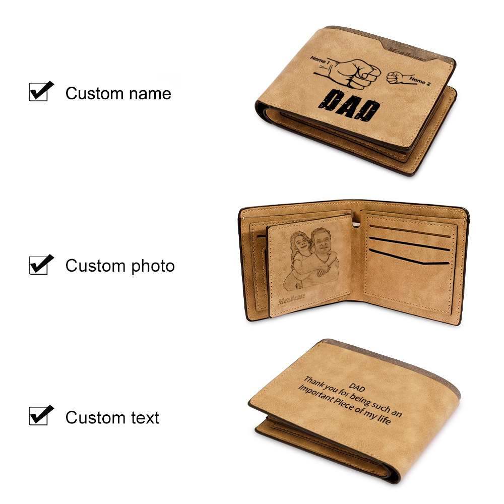 2 Names - Personalized Men Leather Wallet Custom Photo & Text & Name Folding Wallet Fist Bump Wallet Gift for Dad