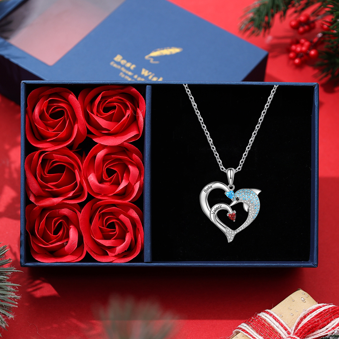 Personalized Heart Dolphin Necklace Custom 2 Birthstones Necklace for Her