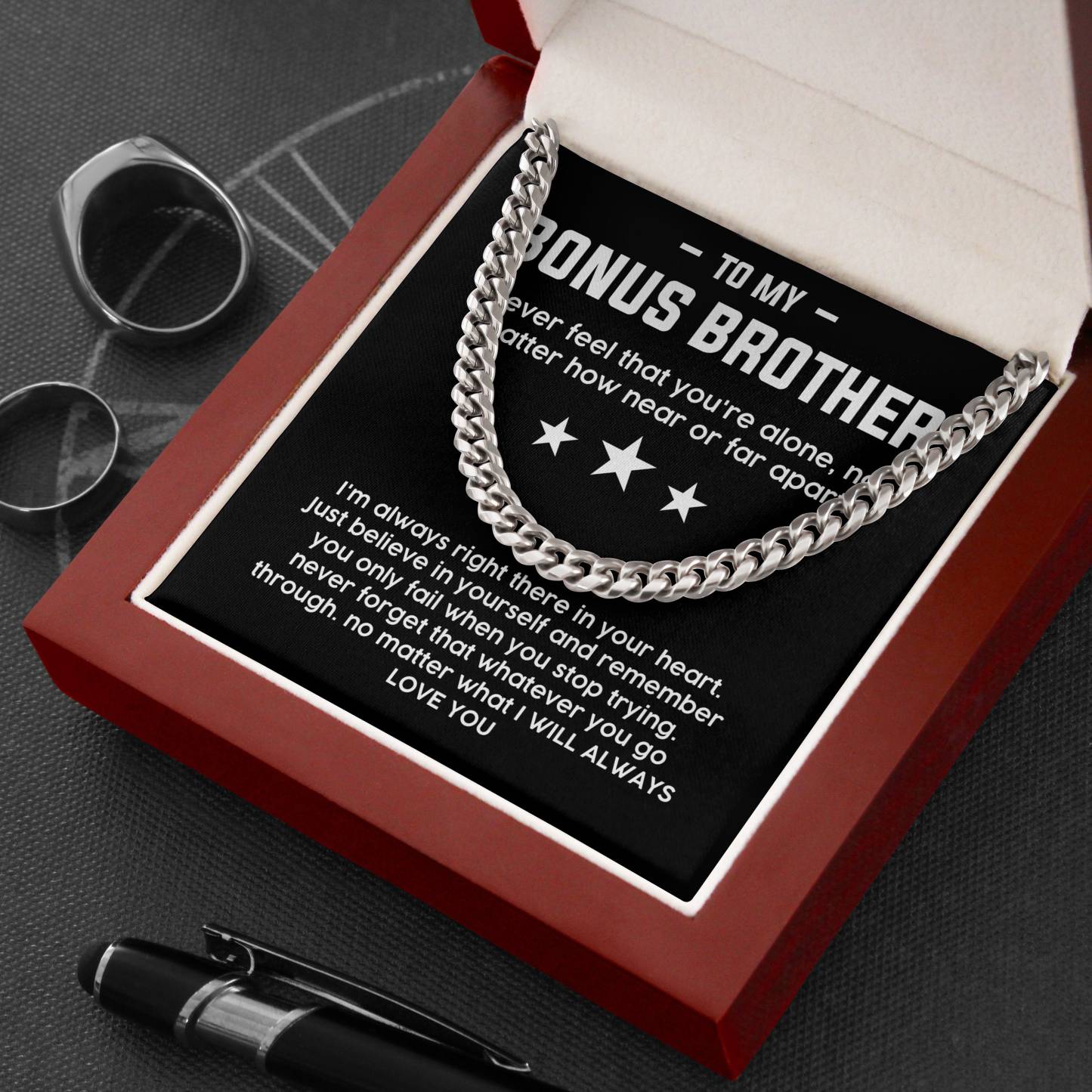 To My Bonus Brother Necklace Cuban Link Chain Necklace Gift Set - No Matter What I Will Always Love You