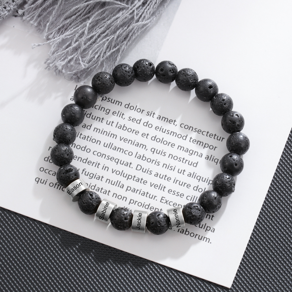 Serene Black Onyx Men Bracelet Personalized 4 Names Beaded Warp Bracelet for Dad