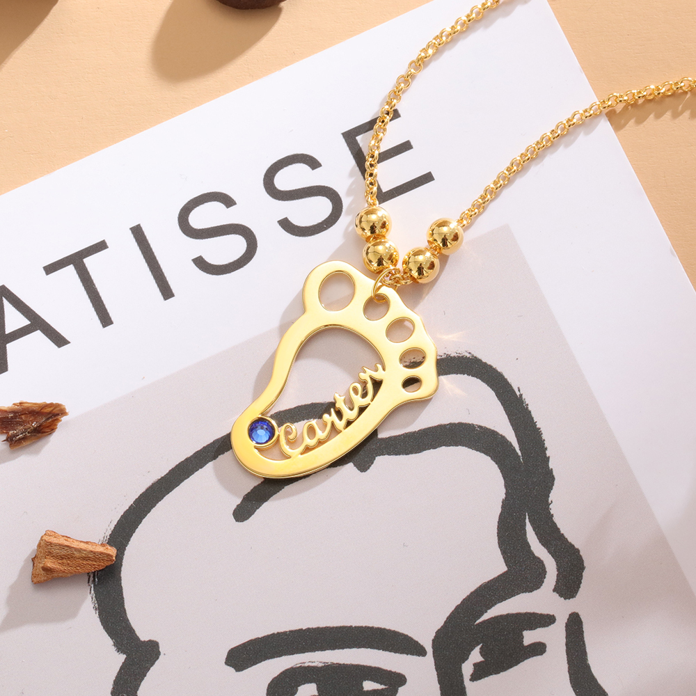 Baby Feet Name Necklace Hollow Feet Engraving 1 Name with Birthstone
