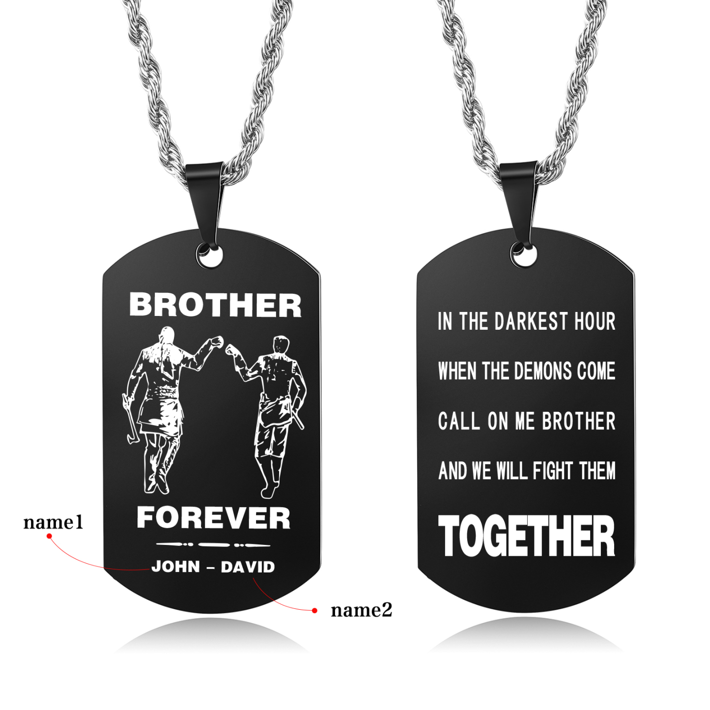 Brother Forever Dog Tag Necklace Personalized Black Double-sided Necklace Customized 2 Names Viking Necklace Gift to Brother