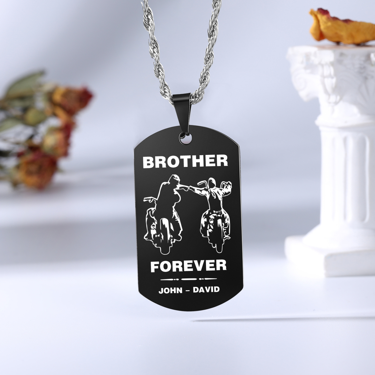 Brother Forever Dog Tag Necklace Personalized Black Double-sided Necklace Customized 2 Names Biker Necklace Gift to Brother