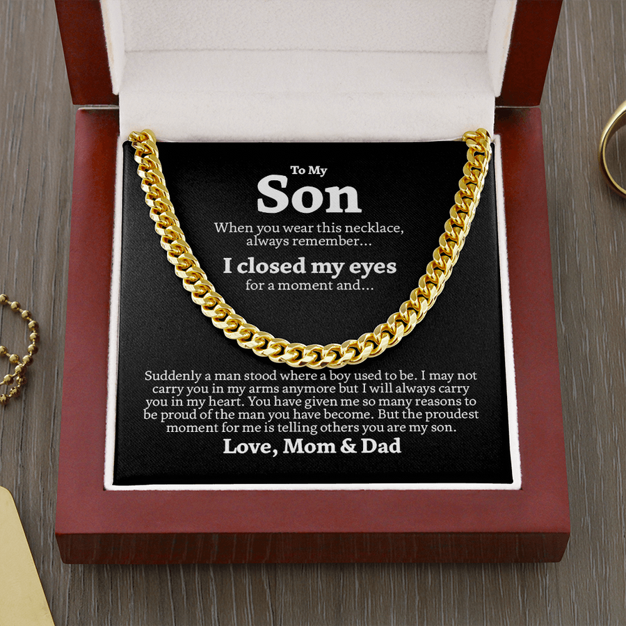 To My Son Cuban Link Chain Necklace Gift Set "I Will Always Carry You in My Heart"