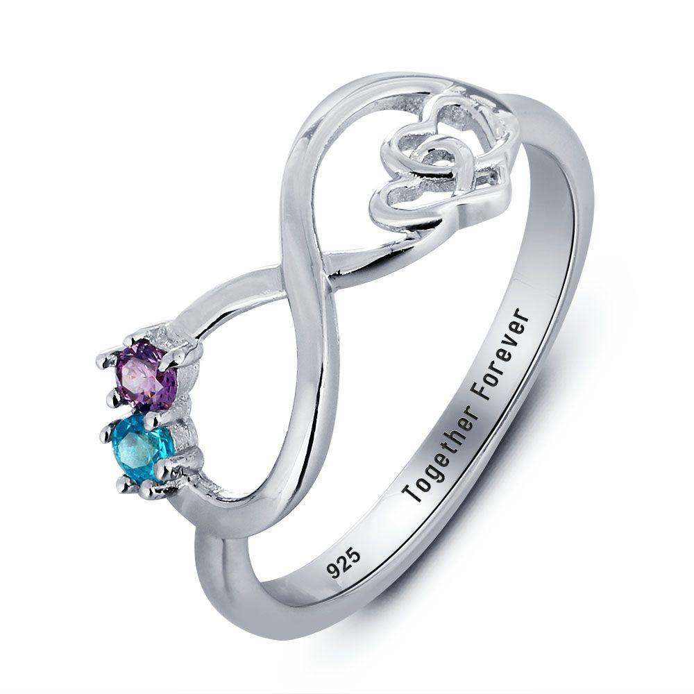 S925 Infinity Ring Double Heart Promise Ring Personalized with 2 Birthstones Engraved Sterling Silver Ring