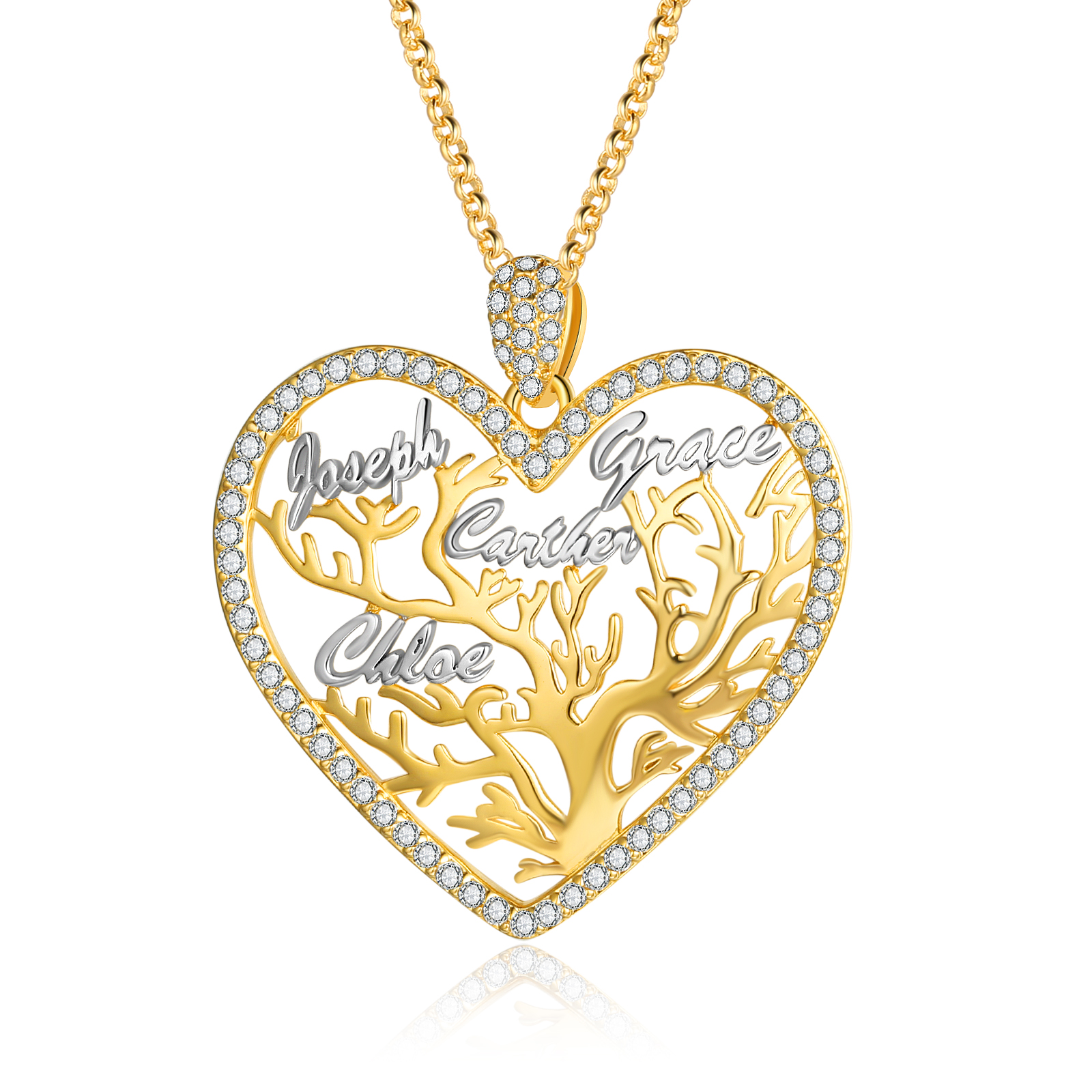 Perosnalized Family Tree Necklace, Custom 4 Names Heart Necklace Woman Gift For Her