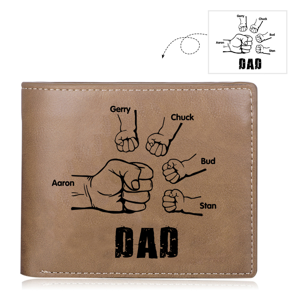 Personalized 5 Names Men Leather Wallet Handcrafted in the USA-Custom Photo & Name Folding Wallet Fist Bump Wallet Gift for Dad