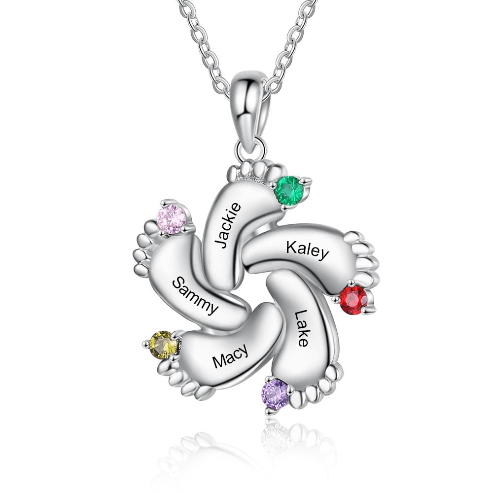 Baby Feet Necklace | Birthstones Engraved Names or Date Necklace