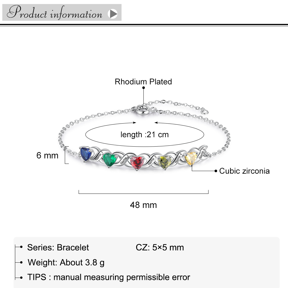 Family Custom Bracelet Heart Personalized with 5 Birthstones
