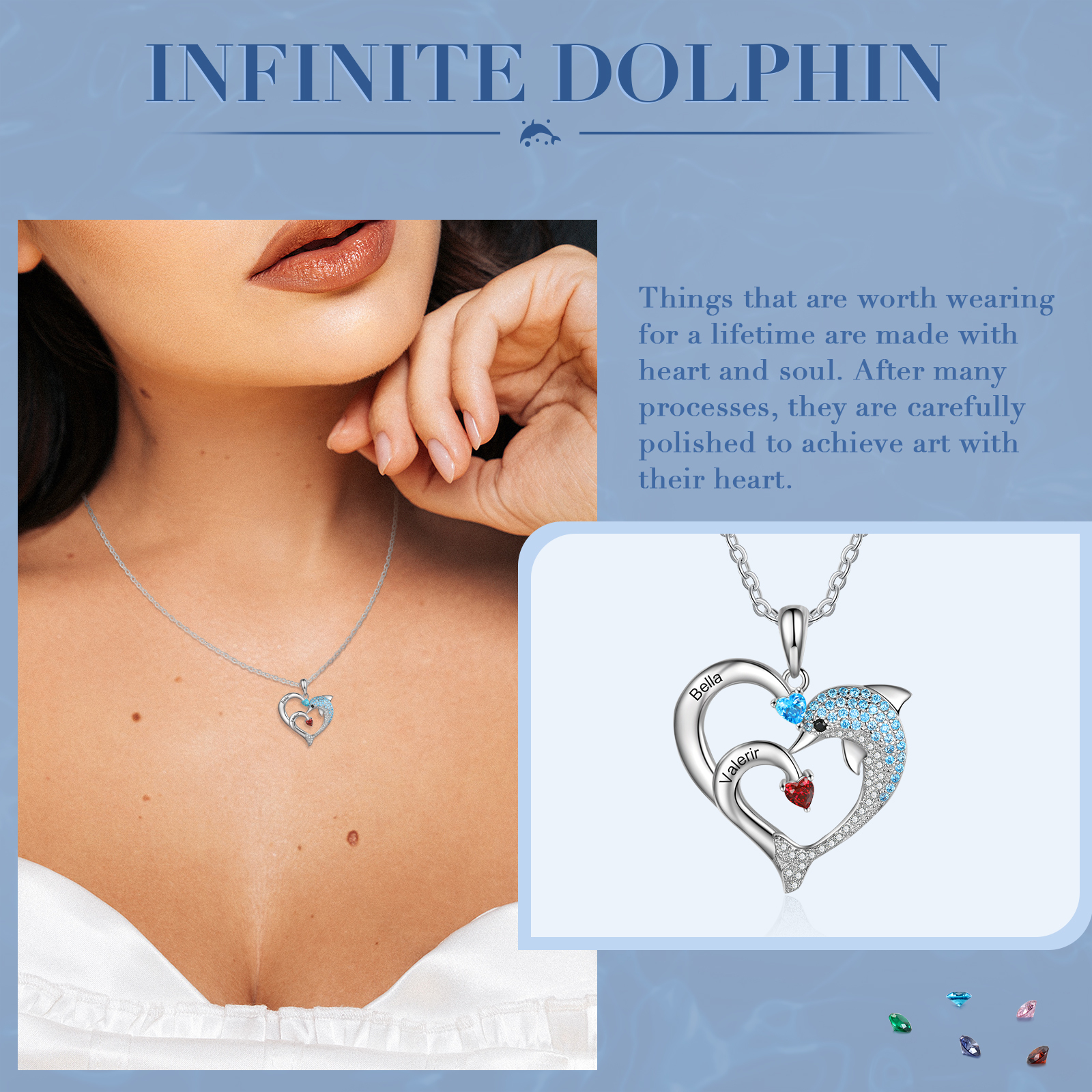 Personalized Heart Dolphin Necklace Custom 2 Birthstones Necklace for Her