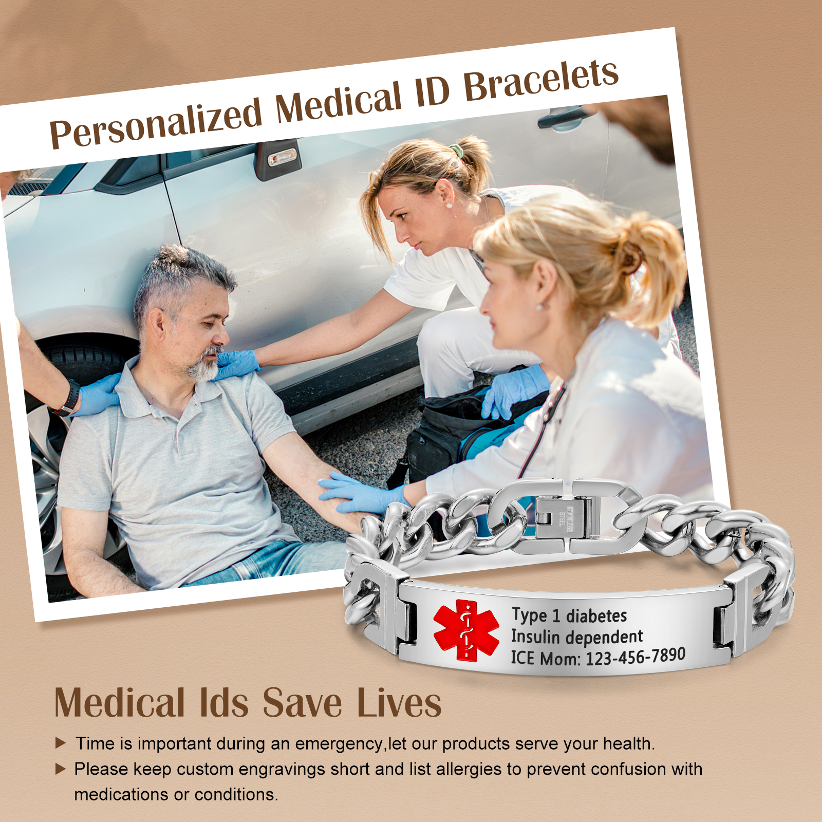 Personalized Medical Alert Bracelet ID Wristbands Stainless Steel Emergency Silver Bracelet