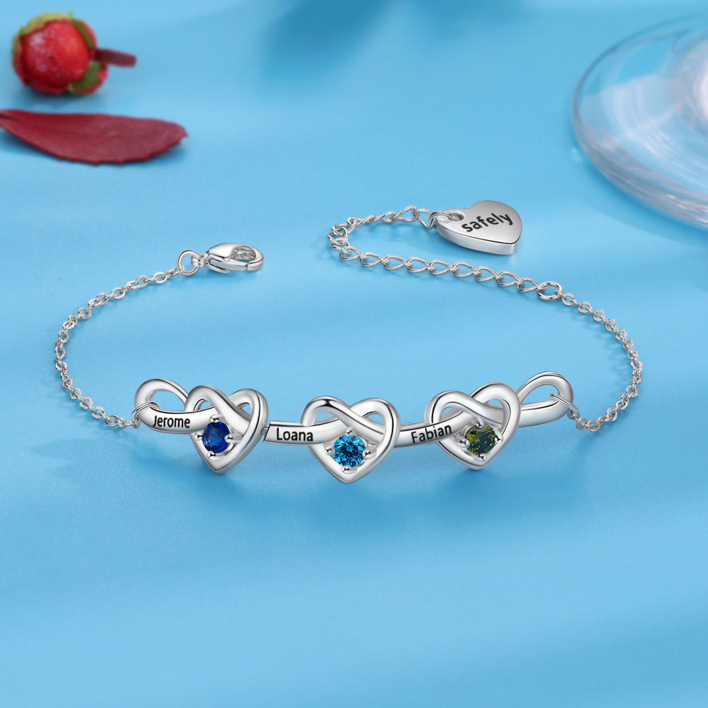 3 Names - Personalized Linked Heart Bracelet Custom 3 Birthstones Engraved Text Bracelets- Mother's Day Gift for Mom/Grandma