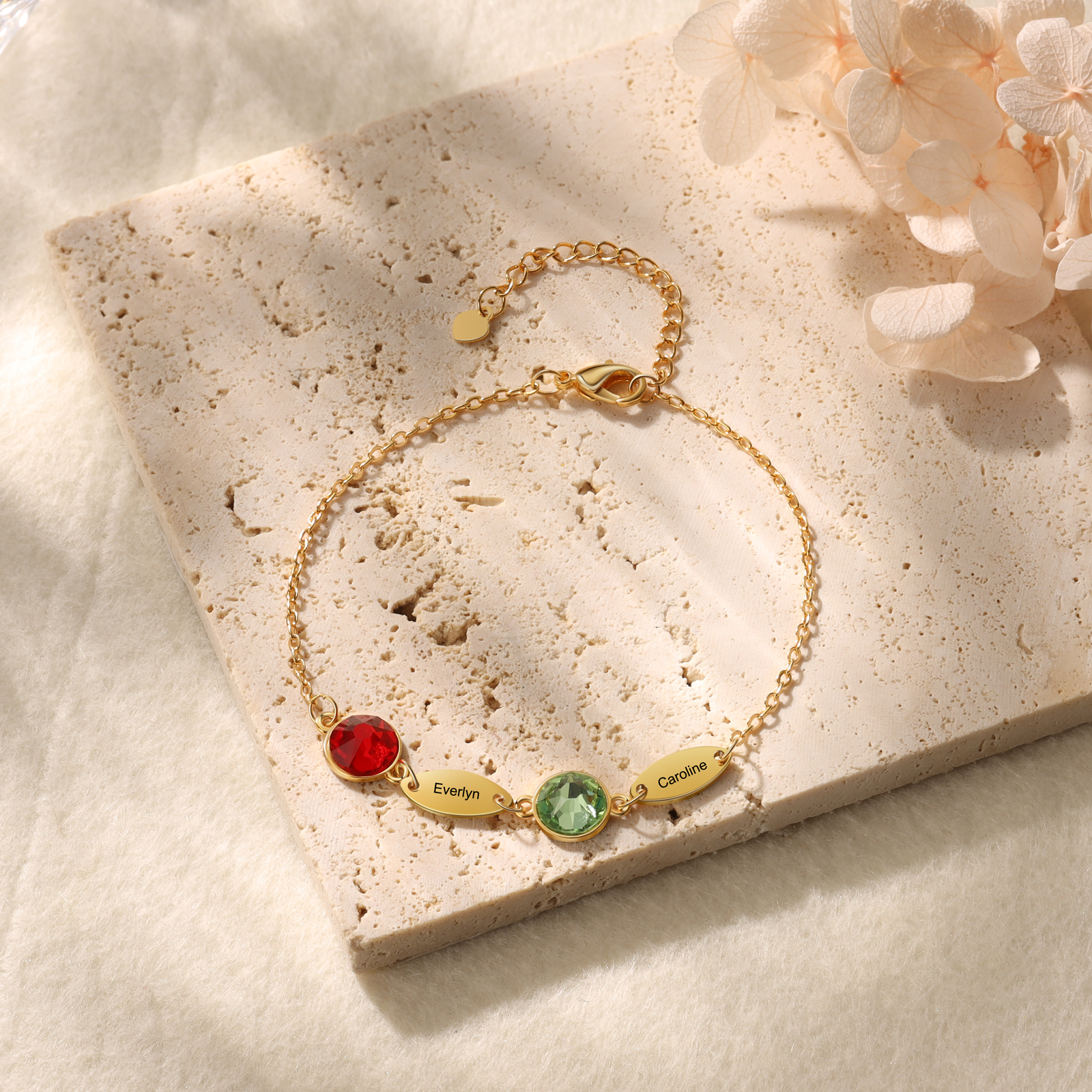 Custom Birthstone Bracelet Engraved 2 Names Family Bracelet for Her