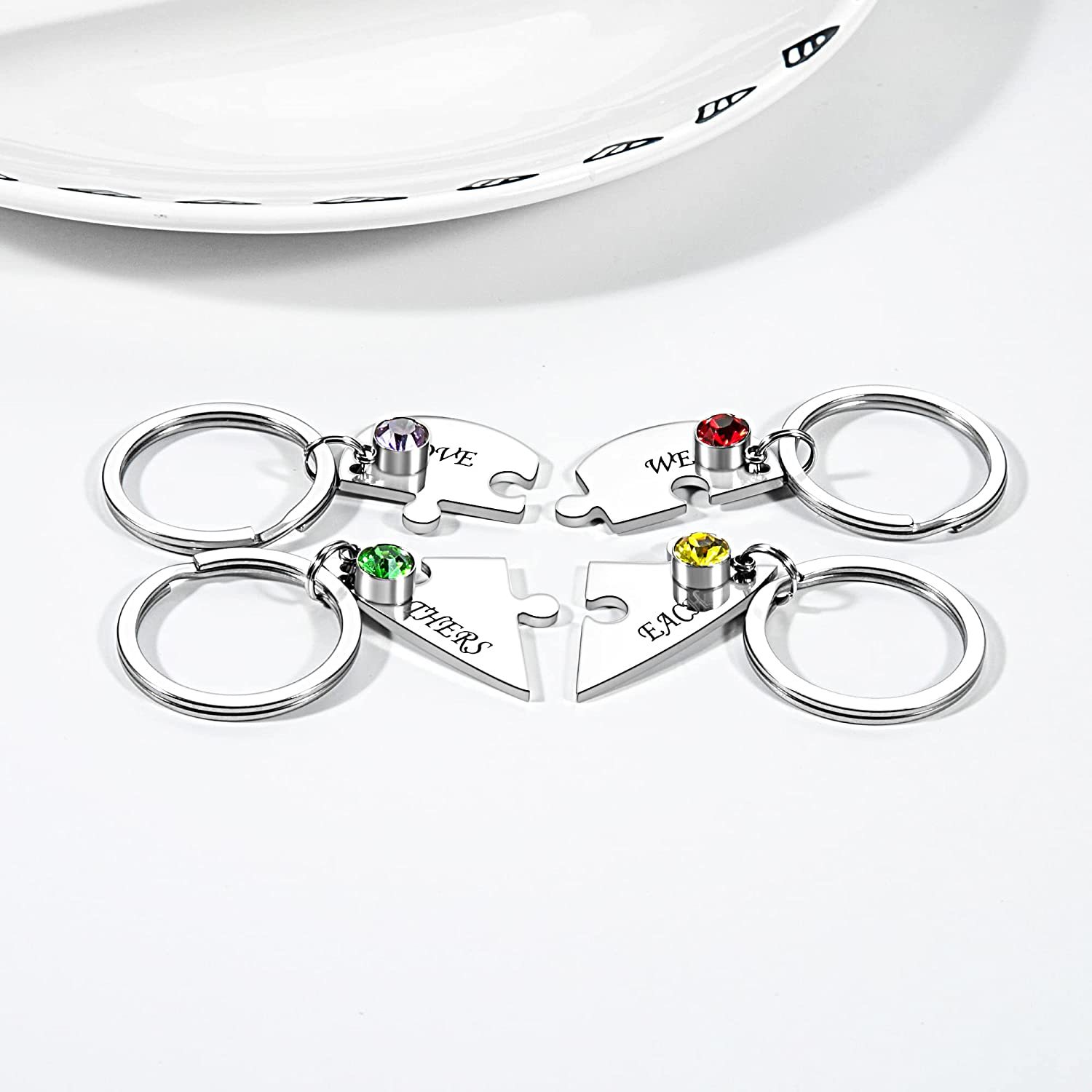 Personalized 4 Names Heart Puzzle Keychain with Birthstones Gifts for Family