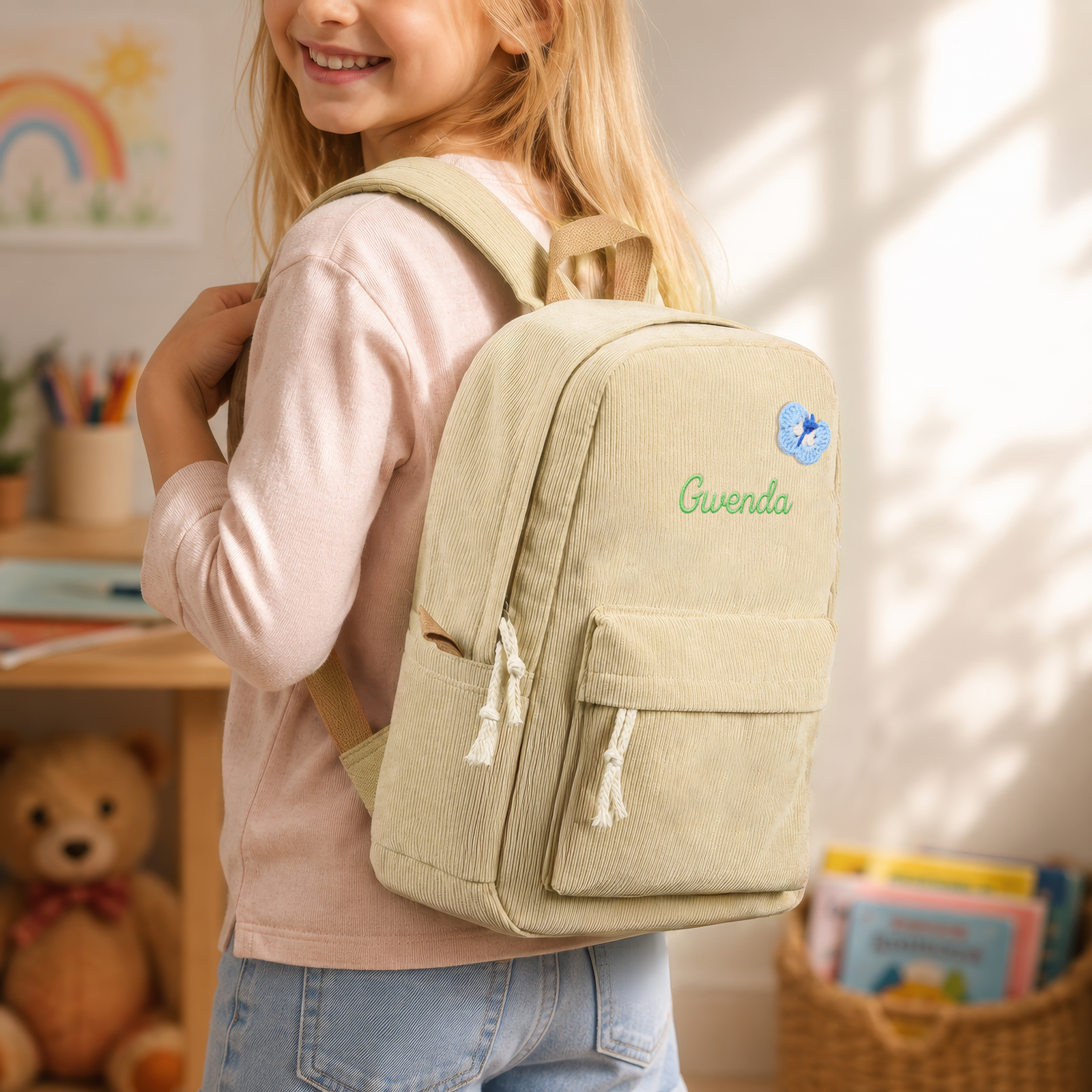 Personalized Corduroy Children's Backpack with Bow Patch, School Bag with Embroidered Name