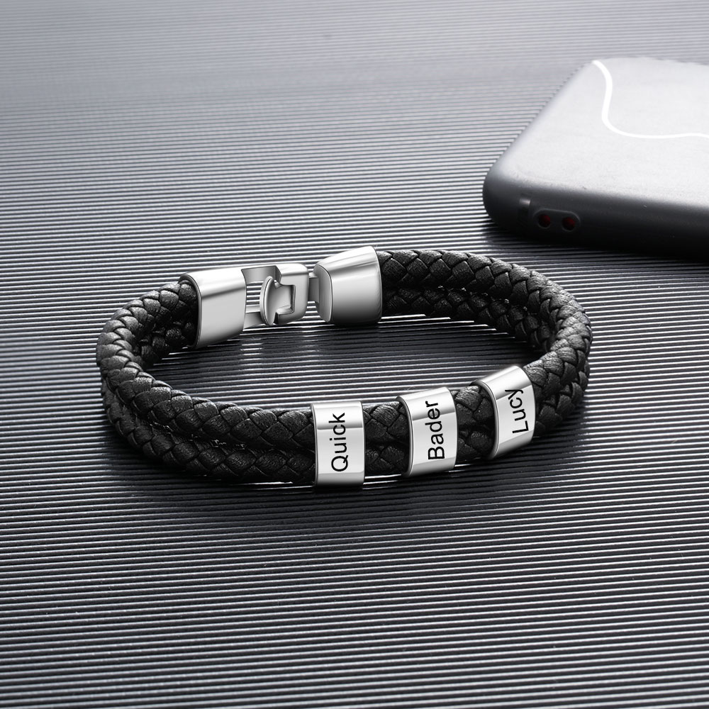3 Names -Personalized Braided Leather Bracelet Engraved Men's Bracelet for Him